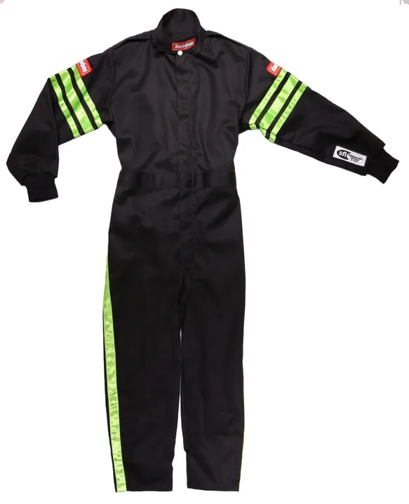 RaceQuip One Piece Single Layer Fire Suit - Black w/Green Stripes -Kids Large - 1950795