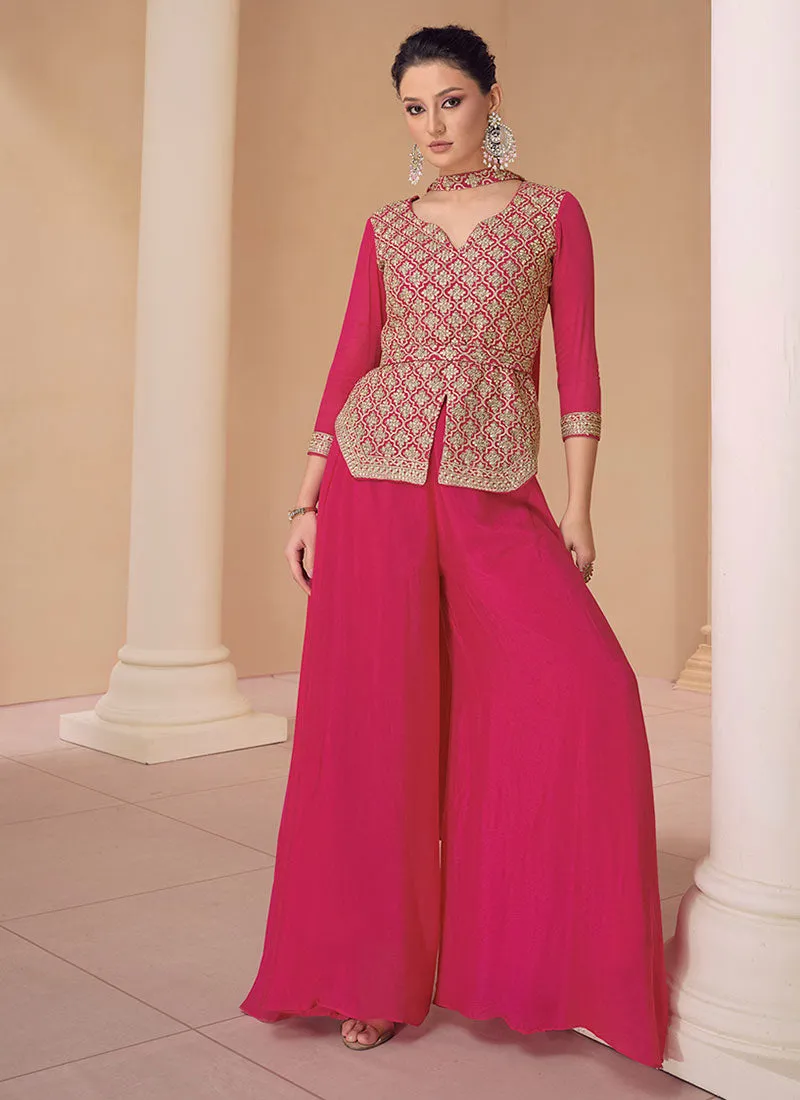 Rani Pink Sequence Embroidery Designer Kurti And Palazzo