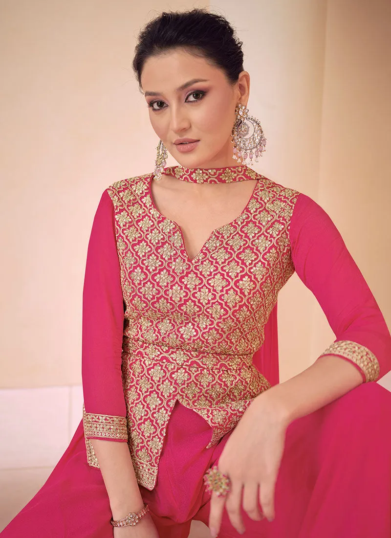 Rani Pink Sequence Embroidery Designer Kurti And Palazzo