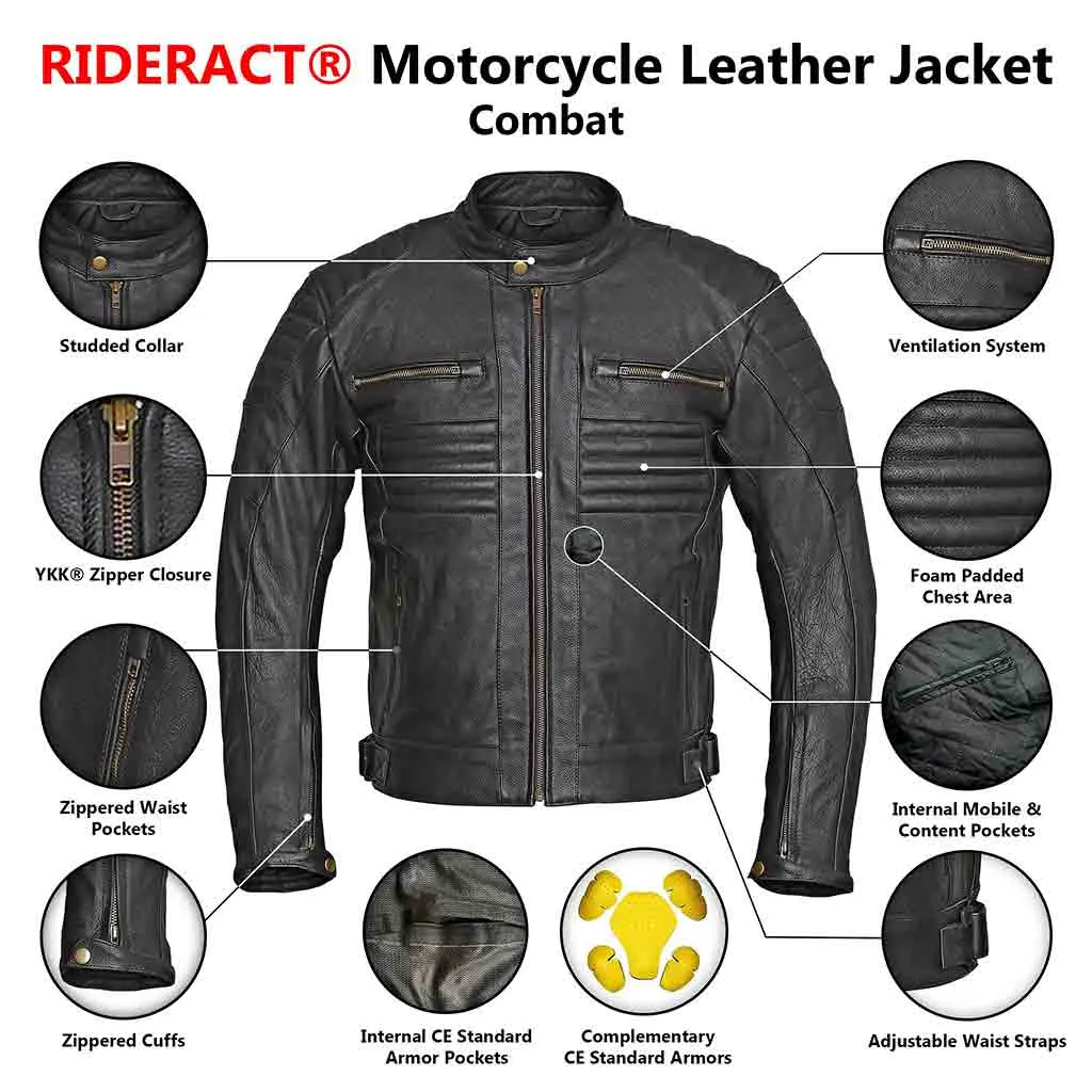 RIDERACT® Men Motorbike Jacket Combat Leather Jacket Black