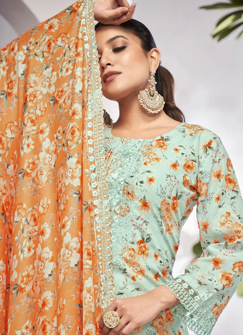 Sea Green Embroidery Printed Salwar Kameez Suit