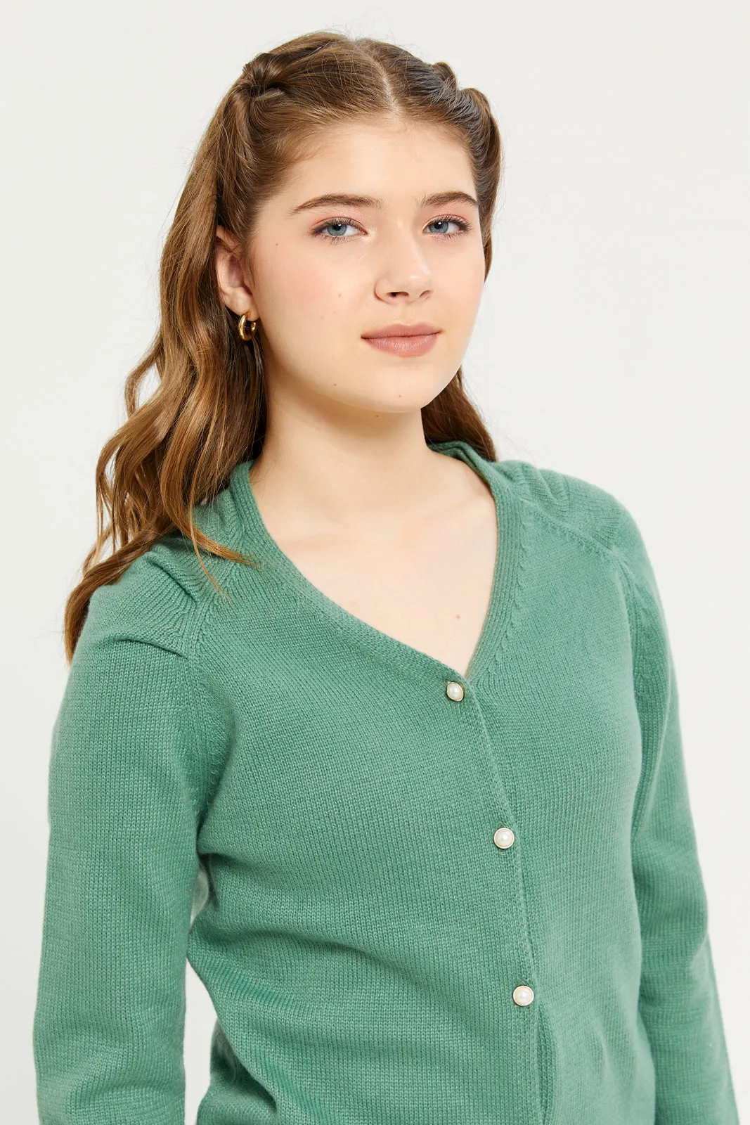 Senior Girls Green Buttons Sweater