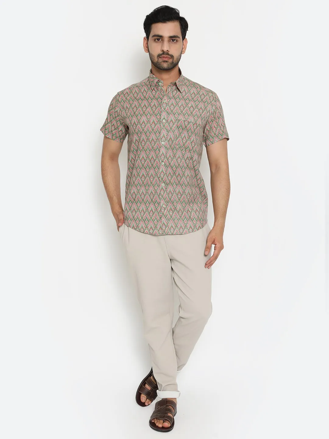 Short Sleeve Mix Cotton Slim Hand Block Printed Men’s Shirt