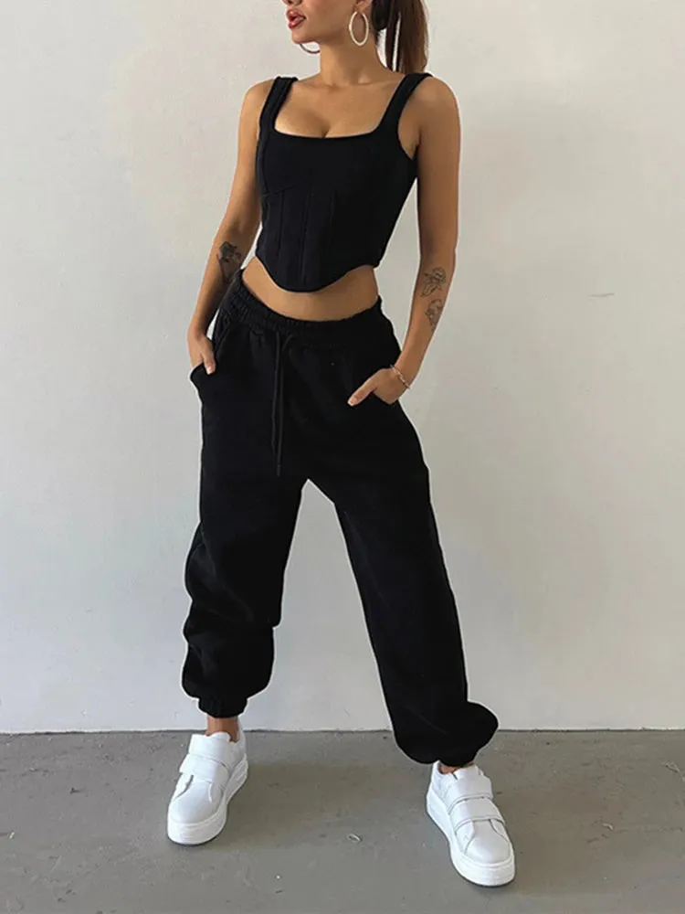 Solid Three Piece Set For Women Square Collar Sleeveless Vests Hooded Long Sleeve Top High Waist Pants Casual Sets Female