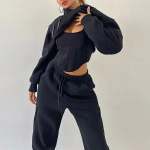 Solid Three Piece Set For Women Square Collar Sleeveless Vests Hooded Long Sleeve Top High Waist Pants Casual Sets Female