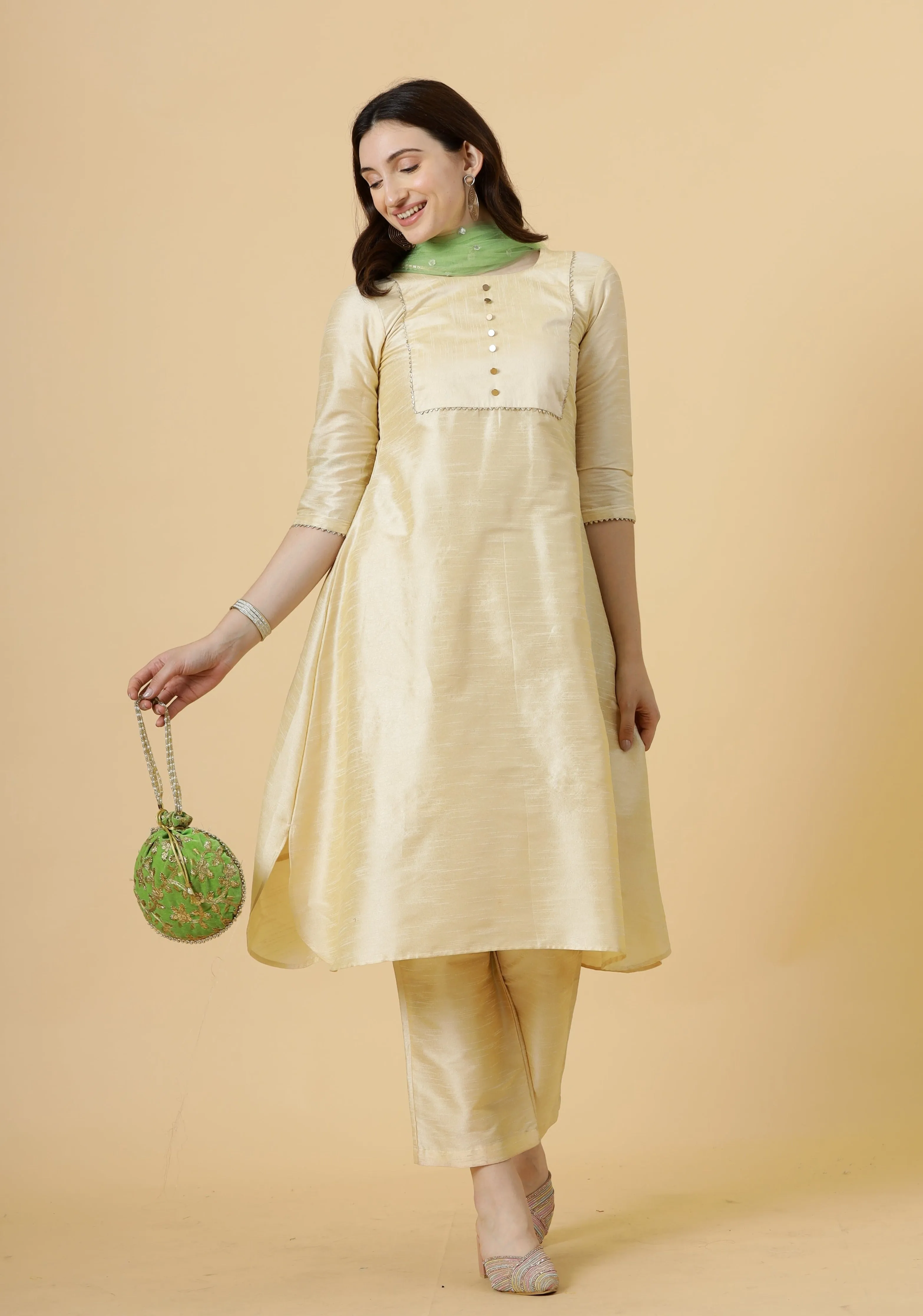 Stylish Cream A-Line Kurti-Palazzo Set paired with Lime Green Sequin dupatta