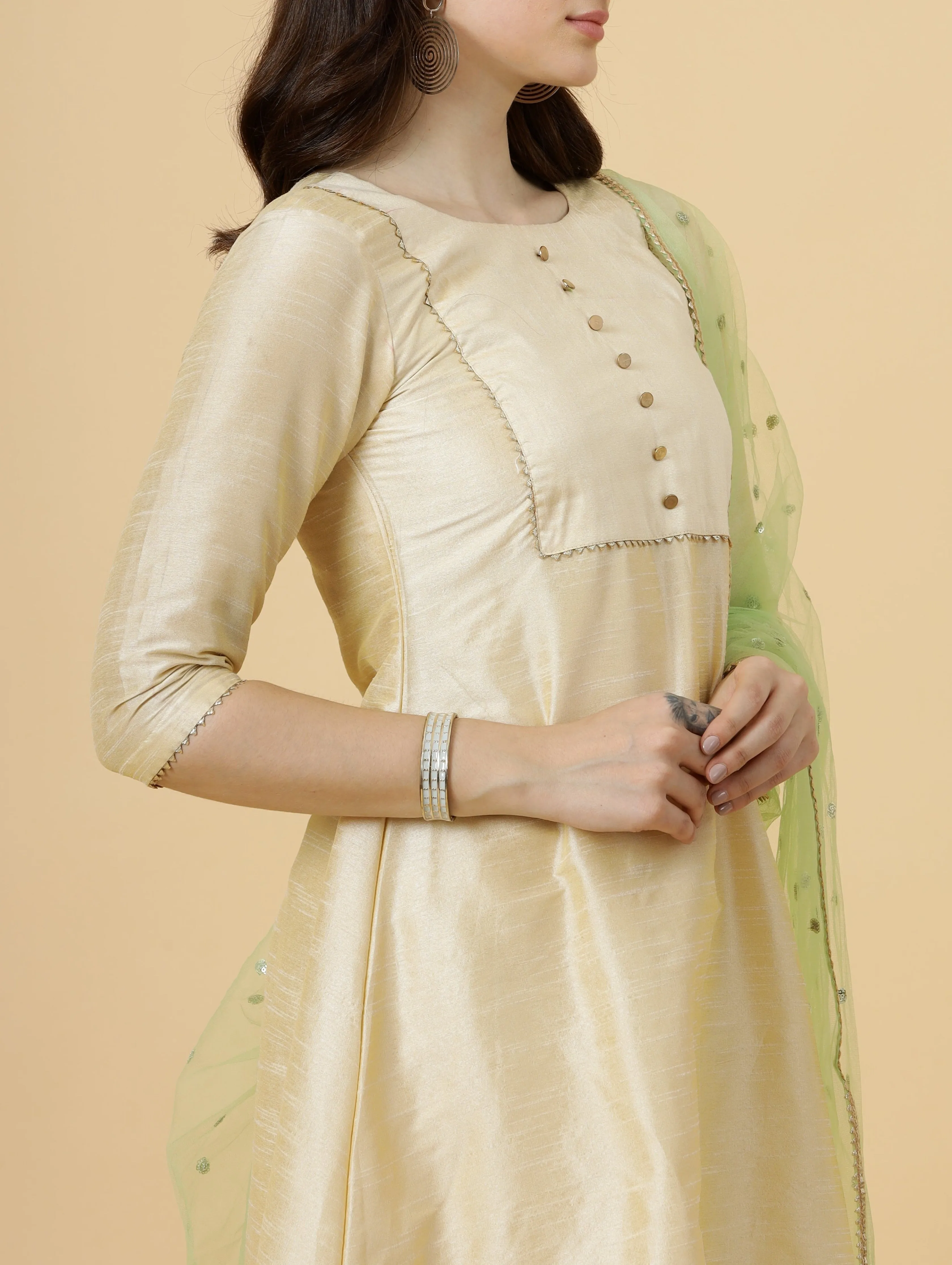 Stylish Cream A-Line Kurti-Palazzo Set paired with Lime Green Sequin dupatta