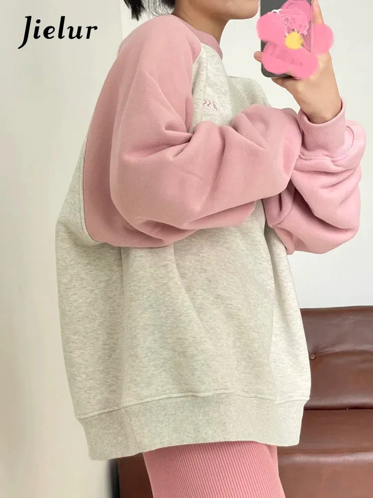 Sweet Pink Spell Color Women's Hoodies O-neck Fashion Autumn Loose Pullovers Basic Female Hoodies Casual Office Ladies