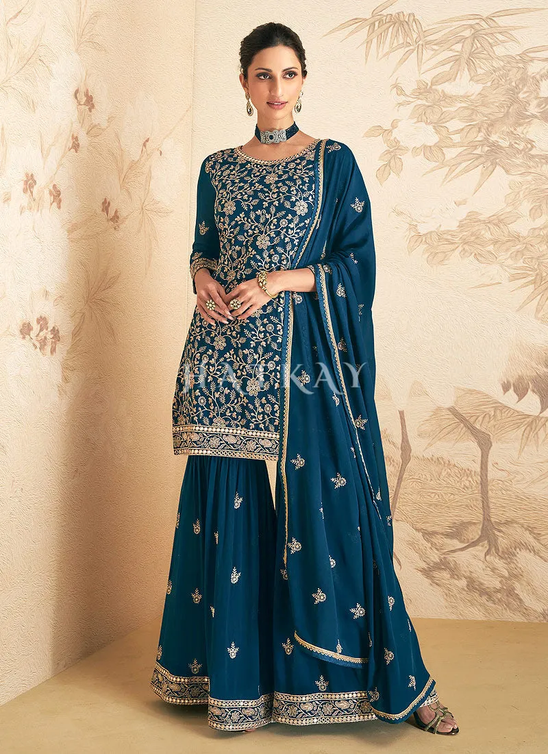 Turquoise Mirror Work Embroidery Gharara Suit