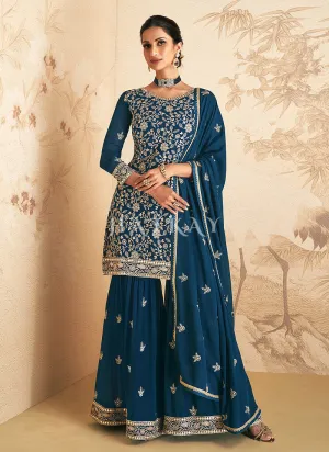 Turquoise Mirror Work Embroidery Gharara Suit