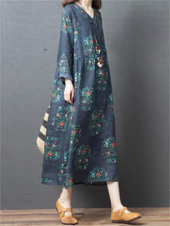 Vintage Relaxed V-neck Floral Dresses for Women