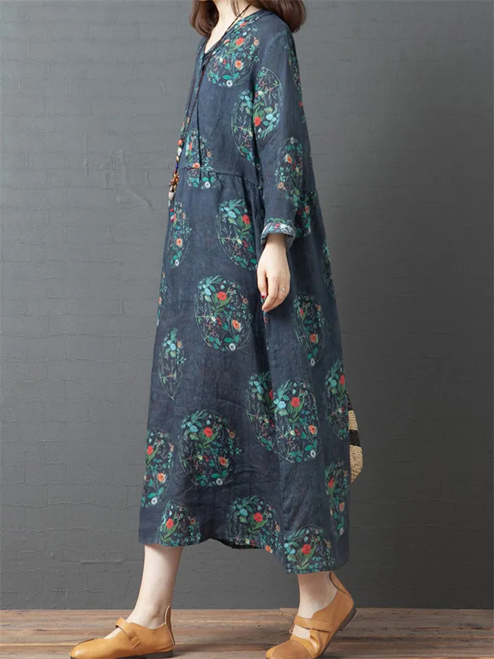 Vintage Relaxed V-neck Floral Dresses for Women