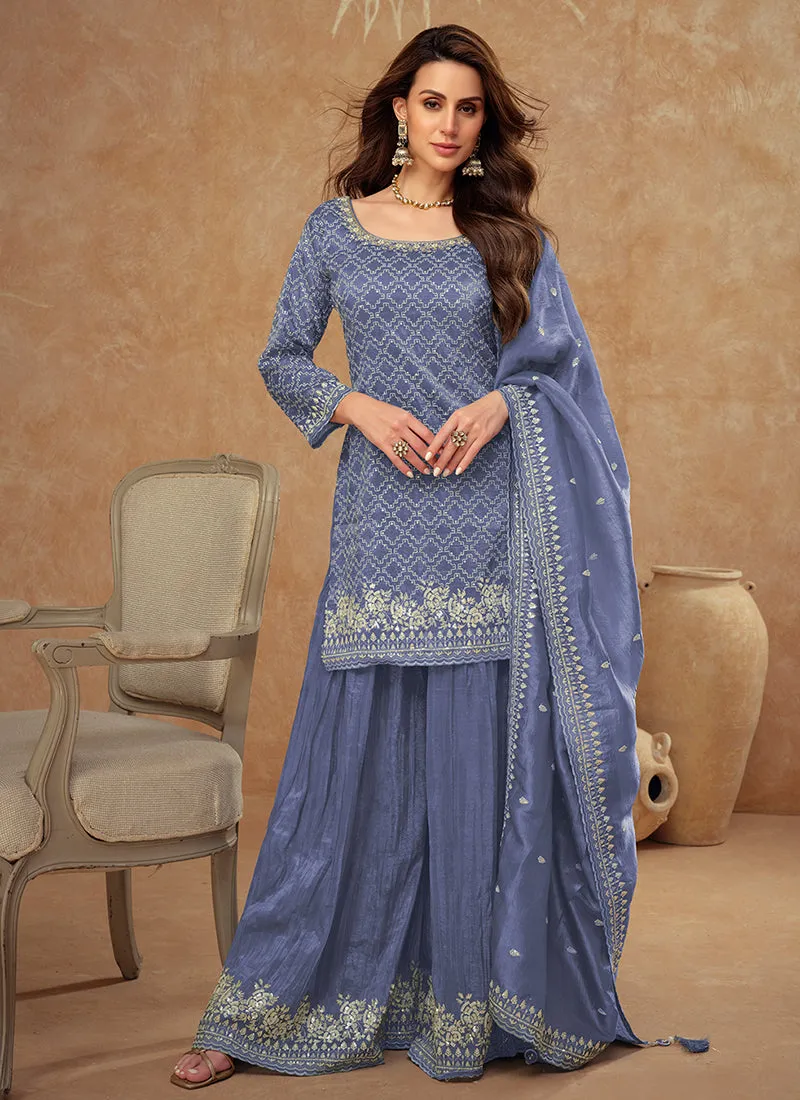 Voilet Blue Embroidery Party Wear Sharara Suit