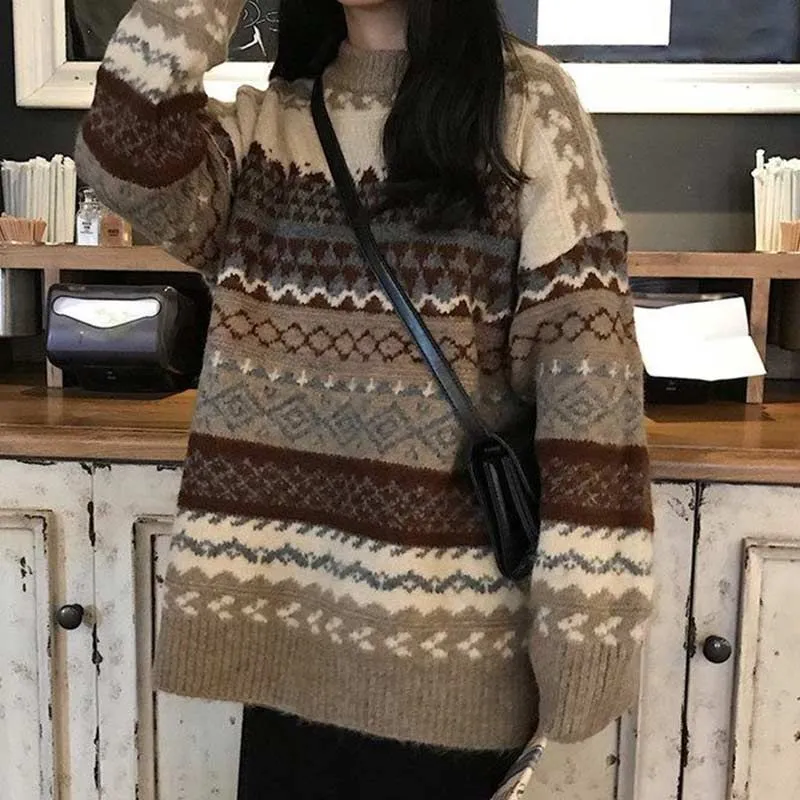 Wenkouban Women Vintage Sweater Knitted Jumper College Loose Winter Striped Jumper Pullovers Korean Knitwear Autumn Casual Tops Femme 2022