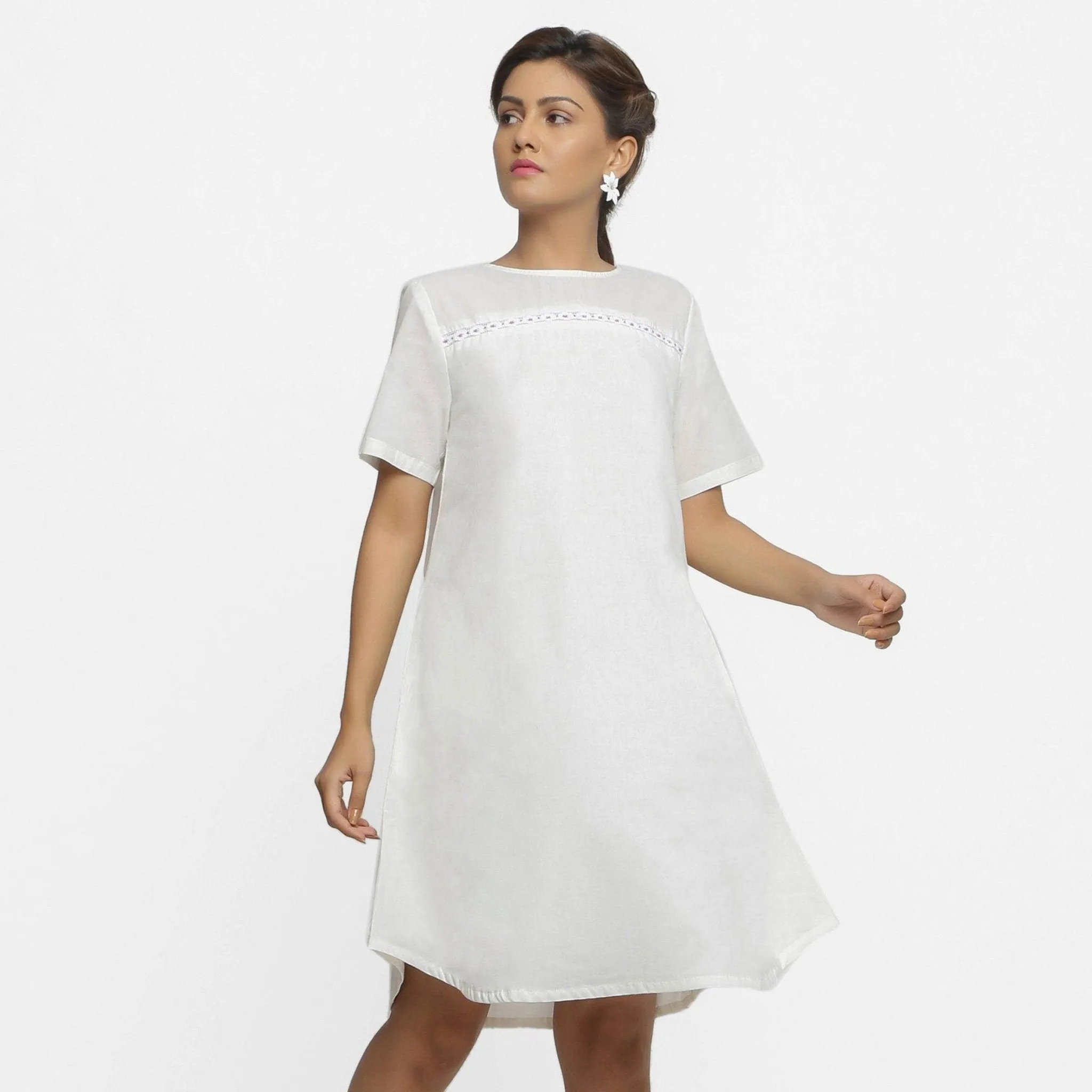 White Hand Beaded Organic Cotton A-Line Knee Length Dress