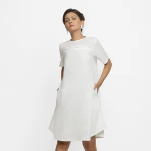 White Hand Beaded Organic Cotton A-Line Knee Length Dress