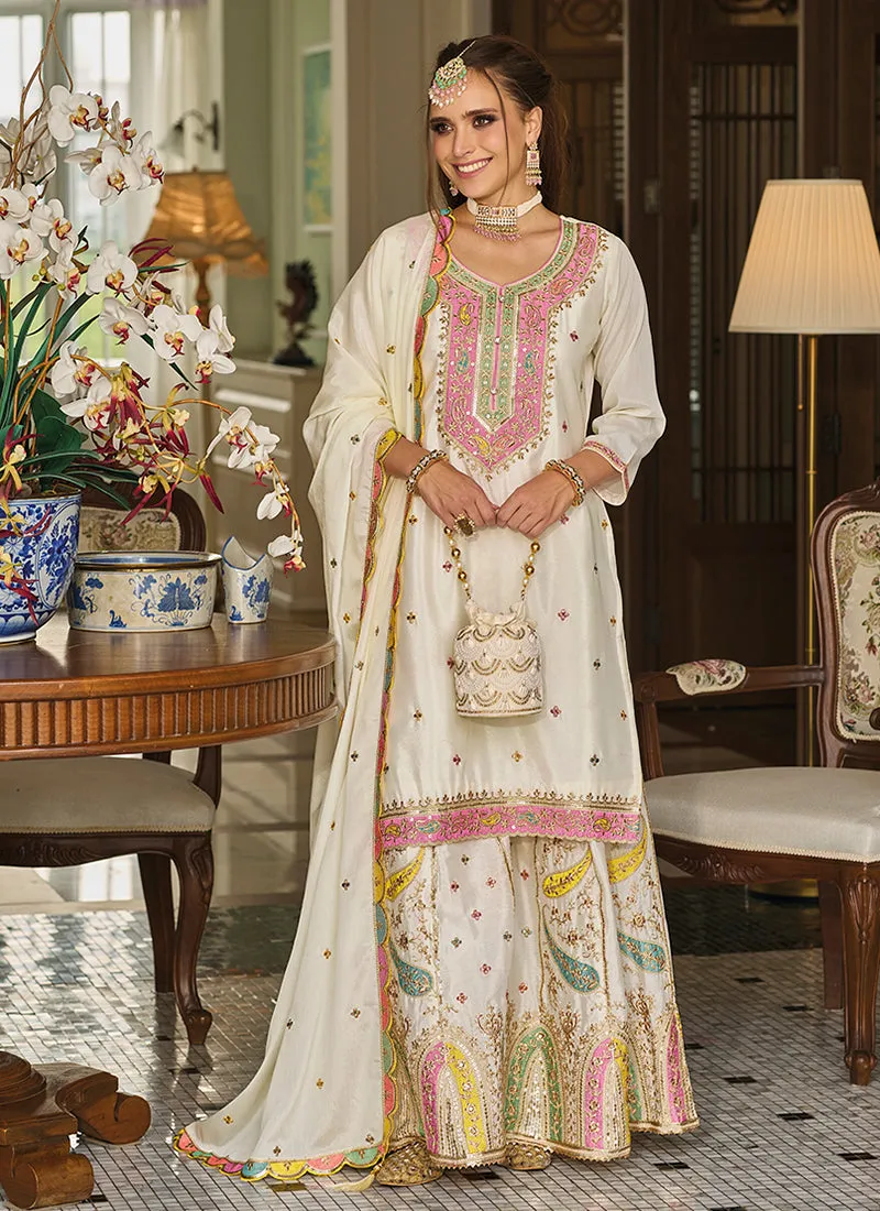 White Resham Thread Multi Embroidery Palazzo Suit