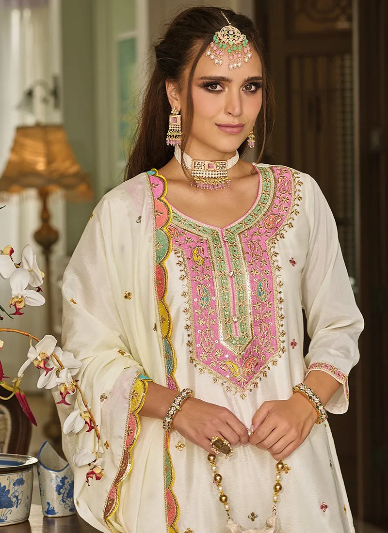 White Resham Thread Multi Embroidery Palazzo Suit