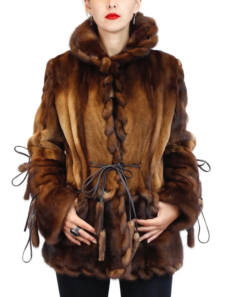 WILD STYLE TOFFEE BROWN MINK FUR SEMI-SHEARED EXOTIC JACKET W/ REMOVABLE CAPE COLLAR