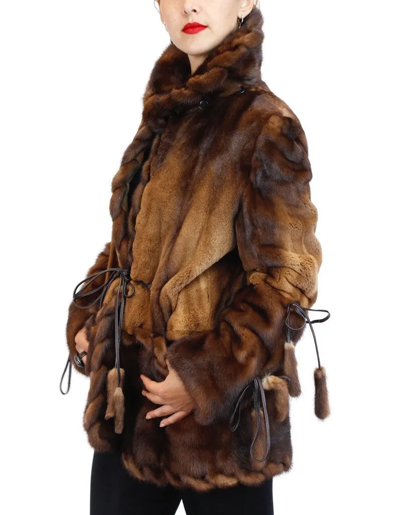 WILD STYLE TOFFEE BROWN MINK FUR SEMI-SHEARED EXOTIC JACKET W/ REMOVABLE CAPE COLLAR