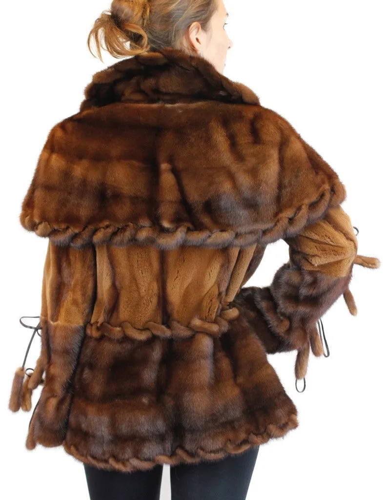 WILD STYLE TOFFEE BROWN MINK FUR SEMI-SHEARED EXOTIC JACKET W/ REMOVABLE CAPE COLLAR