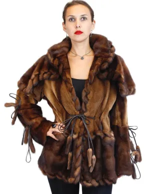 WILD STYLE TOFFEE BROWN MINK FUR SEMI-SHEARED EXOTIC JACKET W/ REMOVABLE CAPE COLLAR