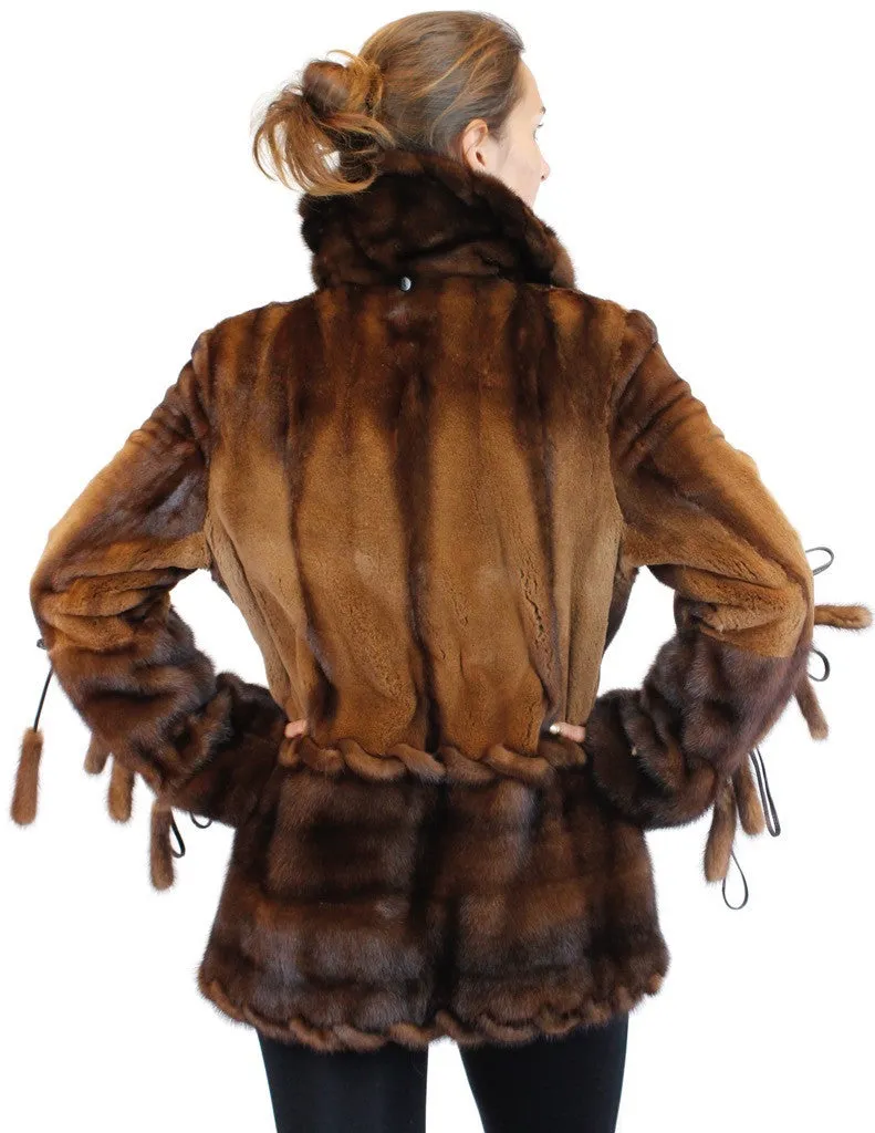 WILD STYLE TOFFEE BROWN MINK FUR SEMI-SHEARED EXOTIC JACKET W/ REMOVABLE CAPE COLLAR