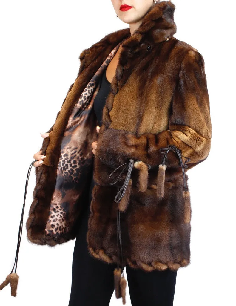 WILD STYLE TOFFEE BROWN MINK FUR SEMI-SHEARED EXOTIC JACKET W/ REMOVABLE CAPE COLLAR