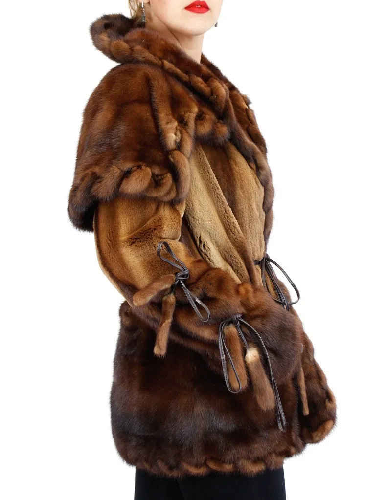 WILD STYLE TOFFEE BROWN MINK FUR SEMI-SHEARED EXOTIC JACKET W/ REMOVABLE CAPE COLLAR