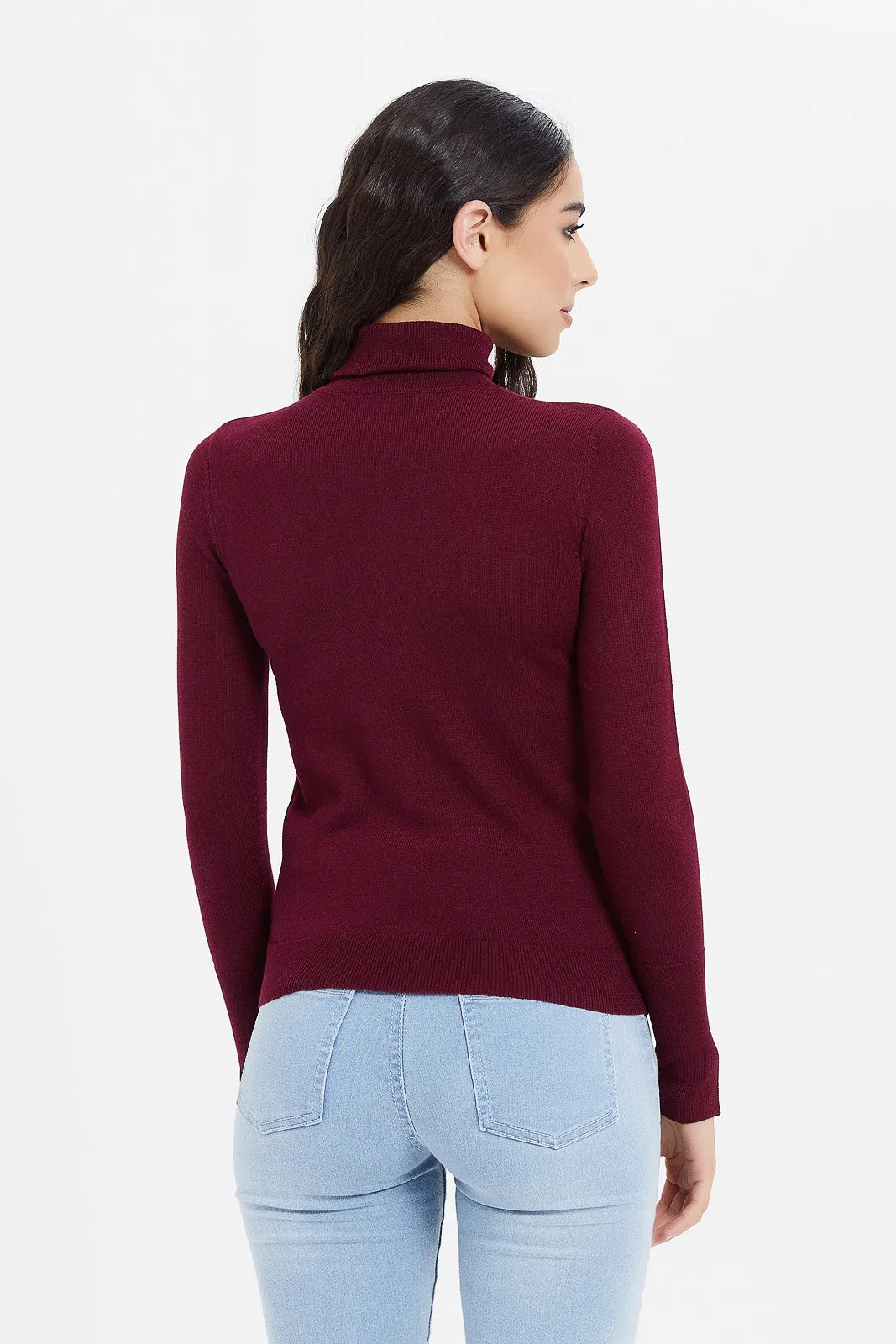 Women Burgundy Turtle Neck Pullover