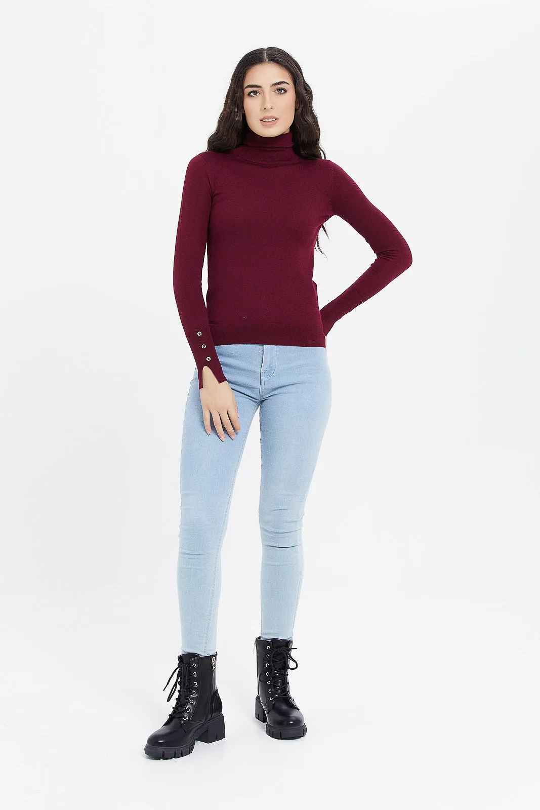 Women Burgundy Turtle Neck Pullover