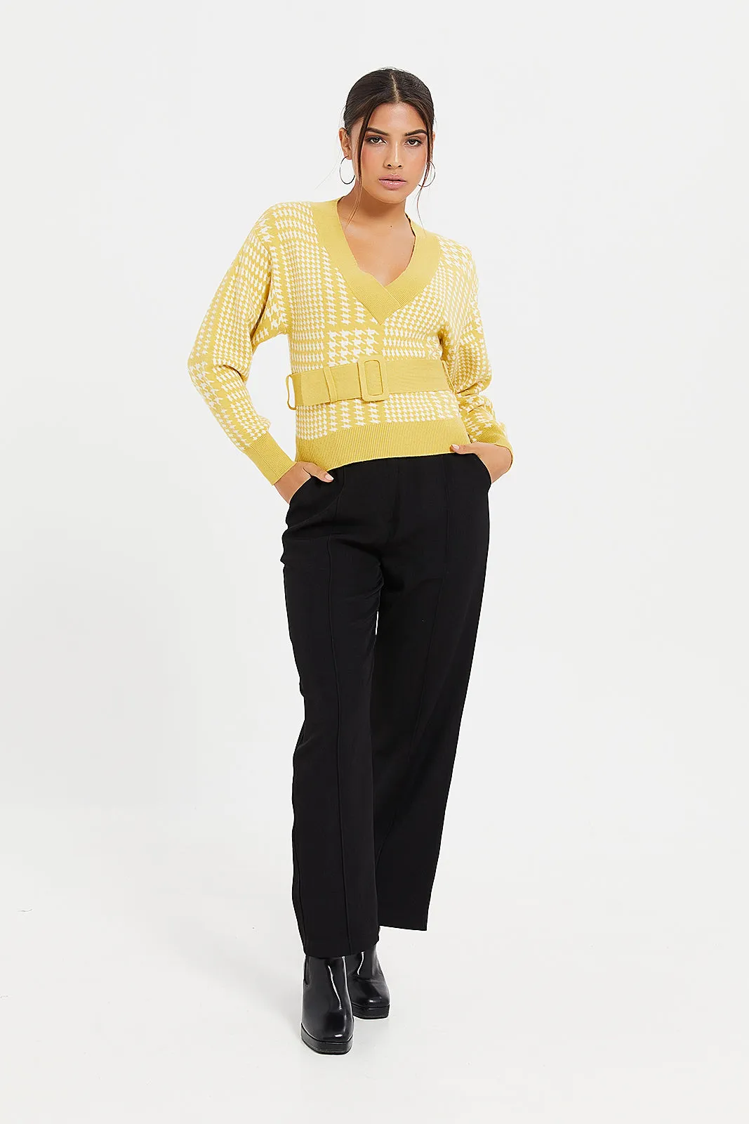 Women Yellow Knitted Belted Pullover