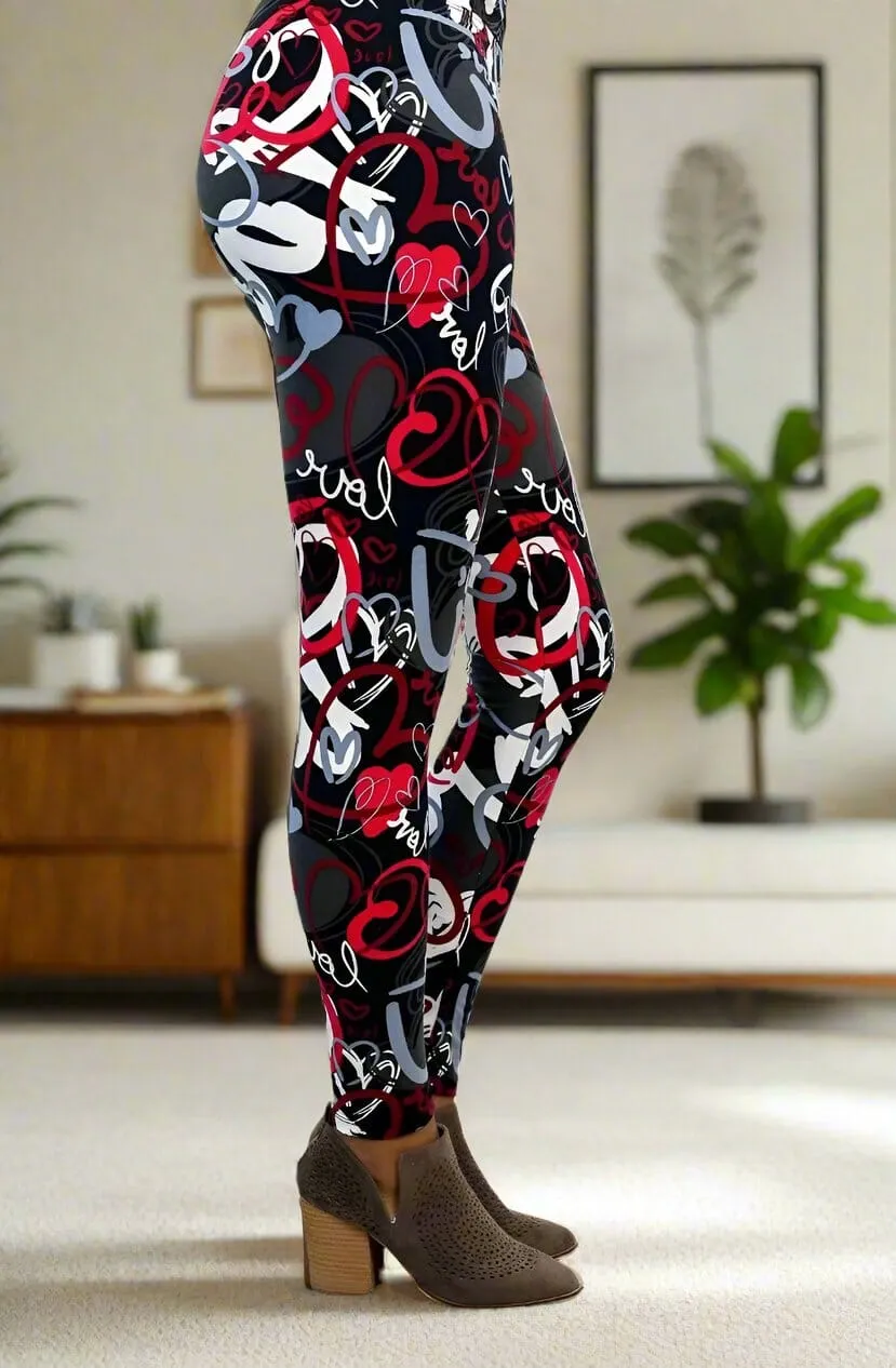 Womens Valentines Day Heart Leggings, Soft Yoga Pants, Sizes 0-20, Yoga Waist, Black/Red