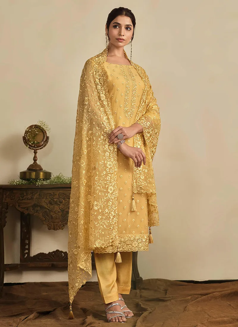 Yellow Thread Work Embroidery Pakistani Pant Suit